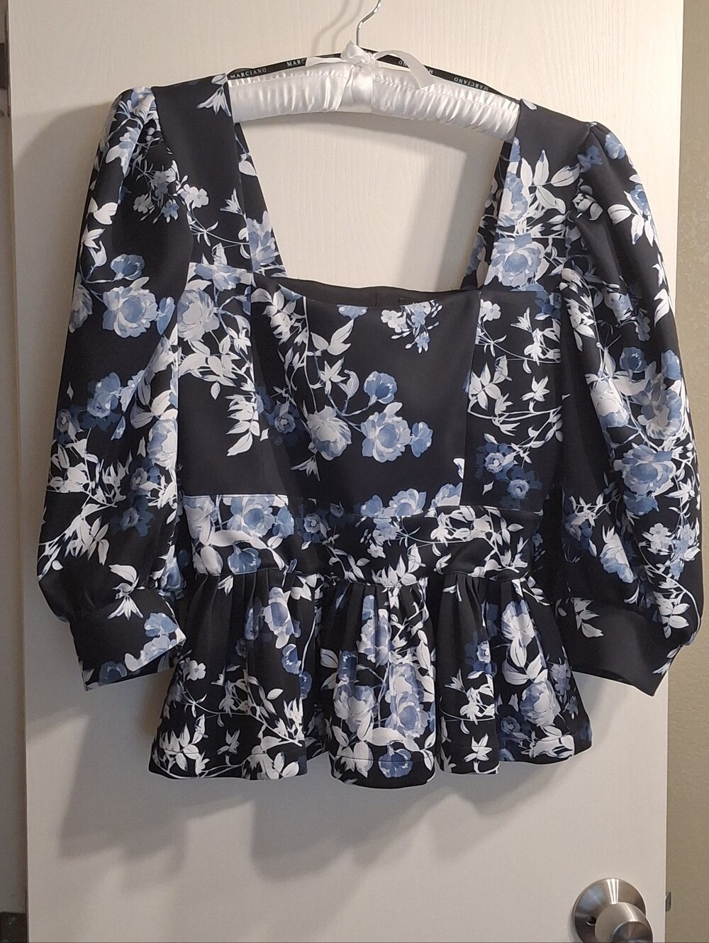 Marciano By Guess Floral Square-Neck Peplum Top in Navy and Blue